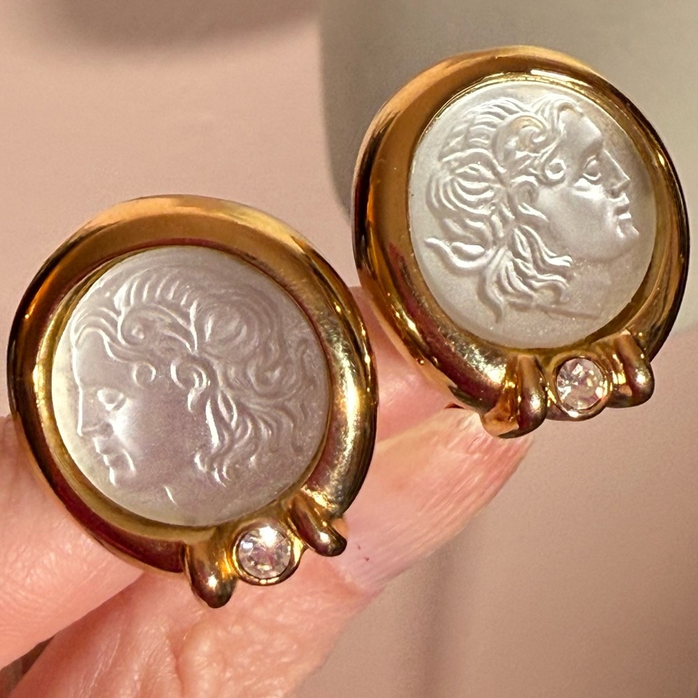 Vintage 1990 Greek God Byzantine Intaglio frosted clear Glass oversized Earring